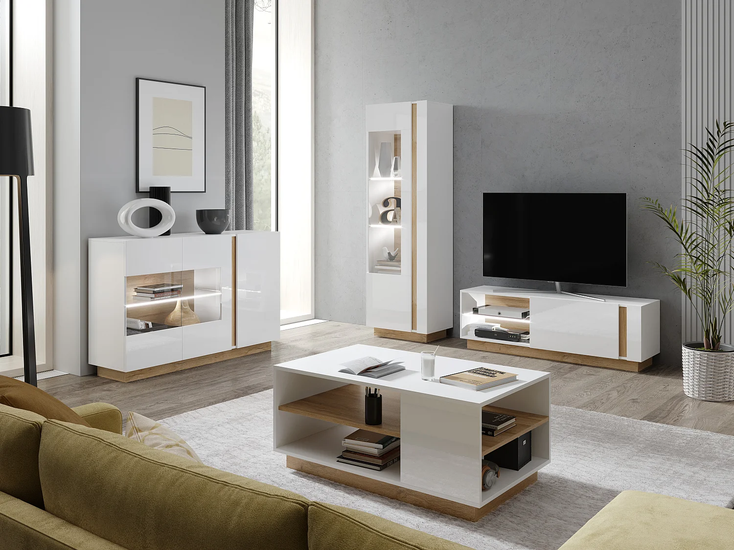 Sideboard MURARI - 3 Türen - Mit LEDs - Weiß Hochglanz & Eiche