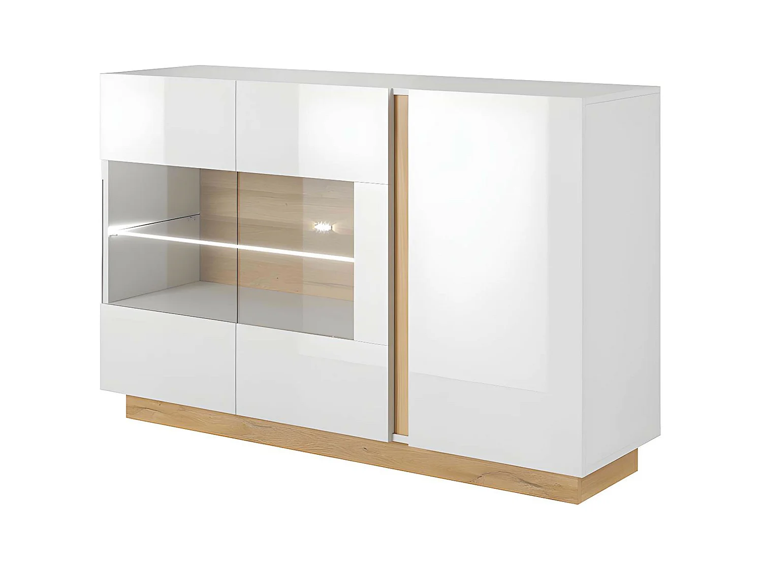 Aparador MURARI - 3 puertas - Con LEDs - Blanco brillante y roble