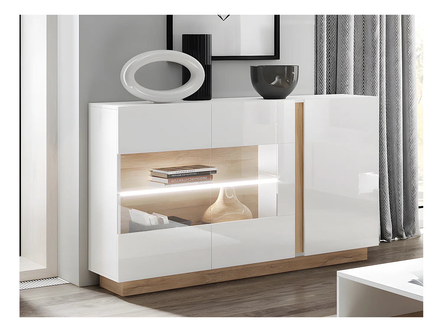 Aparador MURARI - 3 puertas - Con LEDs - Blanco brillante y roble