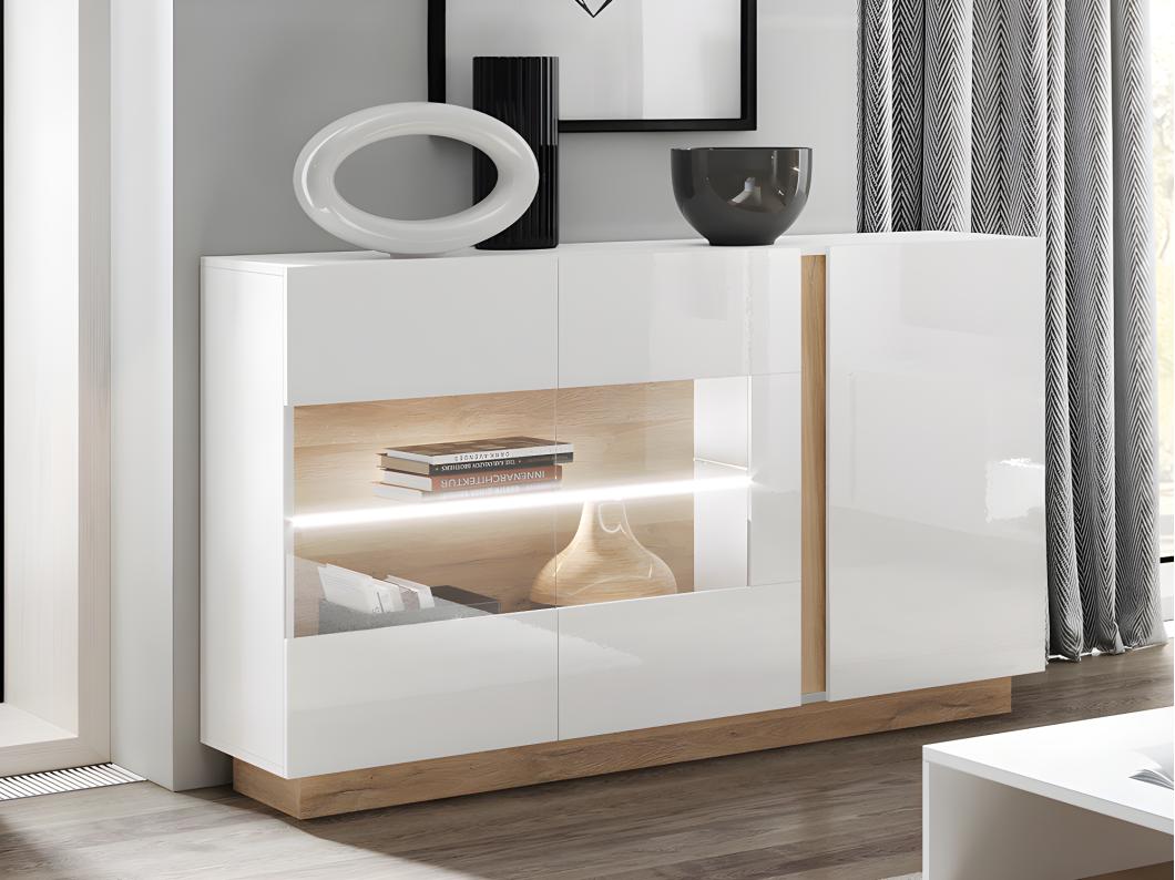 Buffet MURARI - 3 portes - Avec LEDs - Blanc brillant et chêne