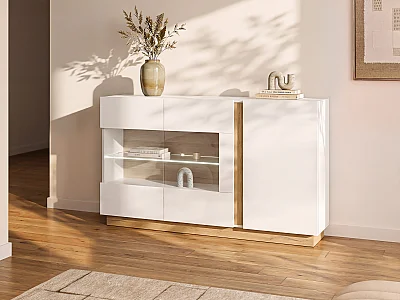 Aparador MURARI - 3 puertas - Con LEDs - Blanco brillante y roble
