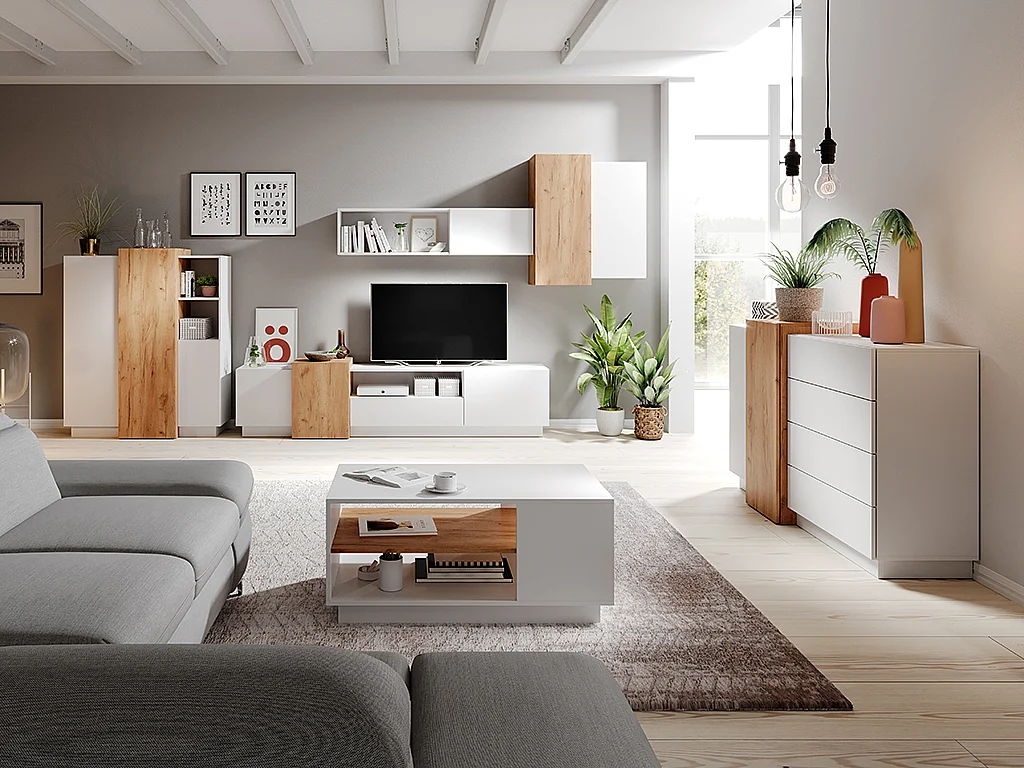 Buffet haut FRANCOLI - 3 portes et 2 niches - Blanc et chêne