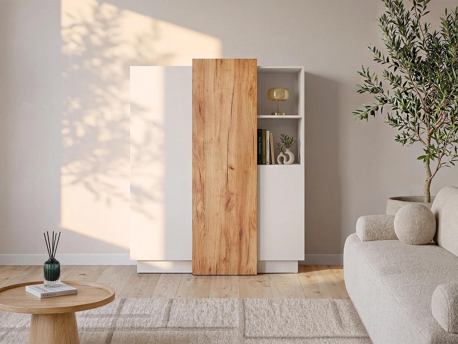 Buffet haut FRANCOLI - 3 portes et 2 niches - Blanc et chêne