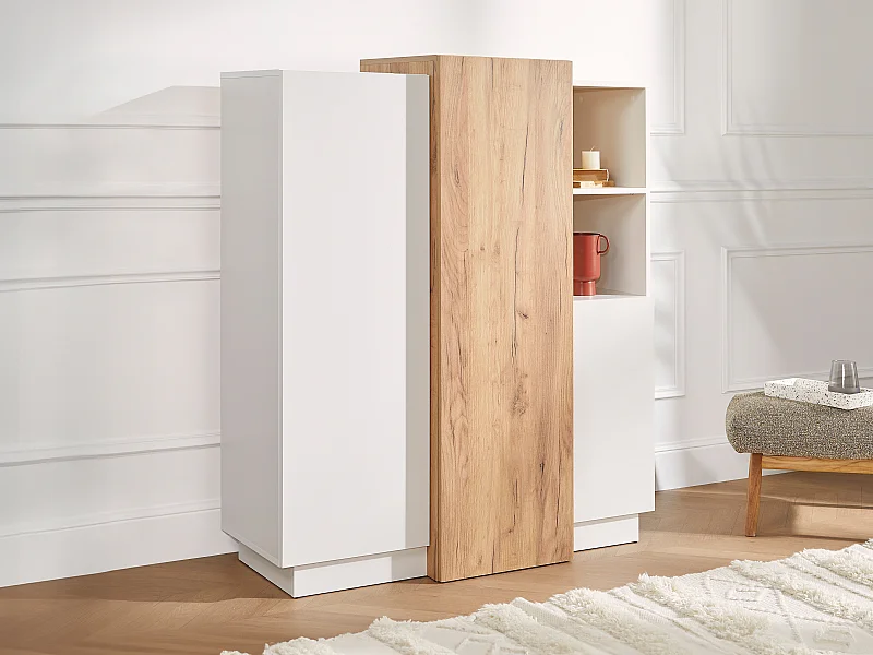 Credenza alta 3 ante e 2 nicchie Bianco e Rovere - FRANCOLI