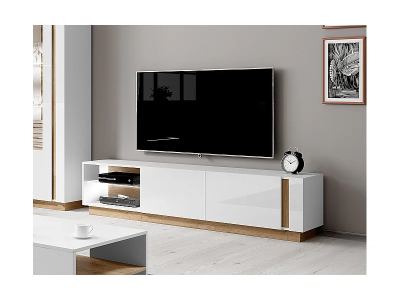 Mueble TV MURARI - 2 puertas y 2 estantes - Con LEDs - Blanco brillante y roble