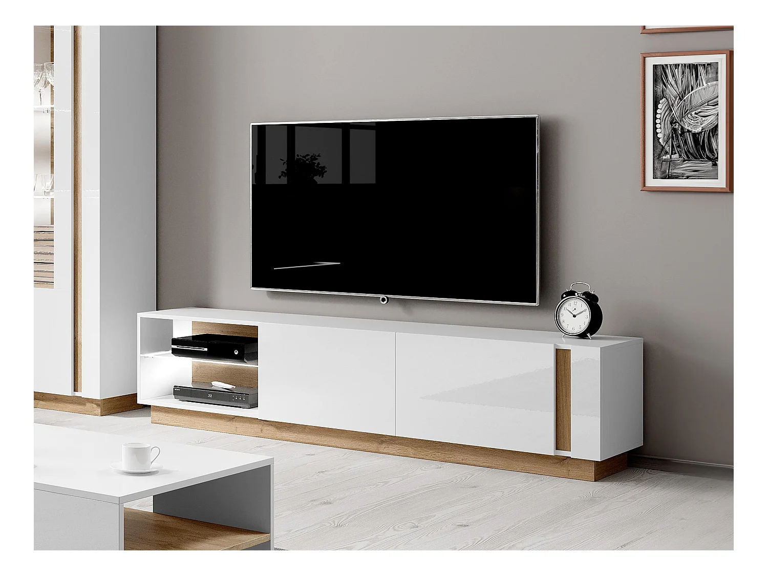 Meuble TV MURARI - 2 portes et 2 niches - Avec LEDs - Blanc brillant et chêne