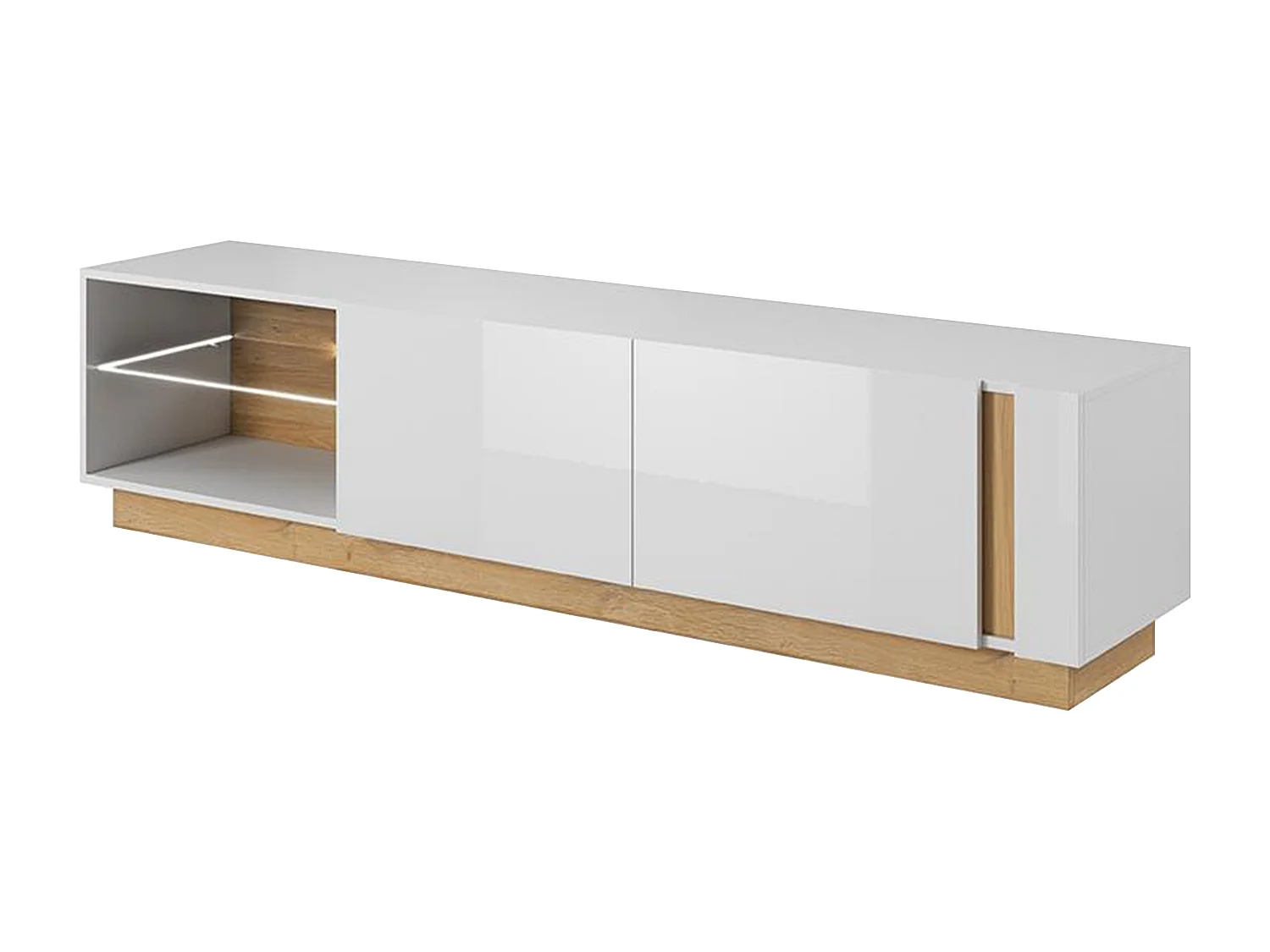 Meuble TV MURARI - 2 portes et 2 niches - Avec LEDs - Blanc brillant et chêne