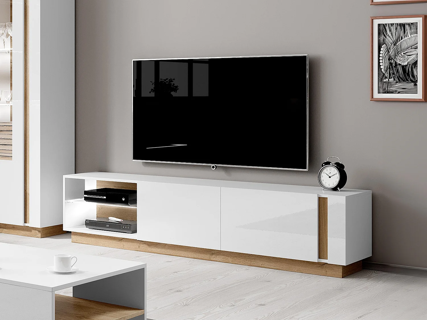 Meuble TV MURARI - 2 portes et 2 niches - Avec LEDs - Blanc brillant et chêne