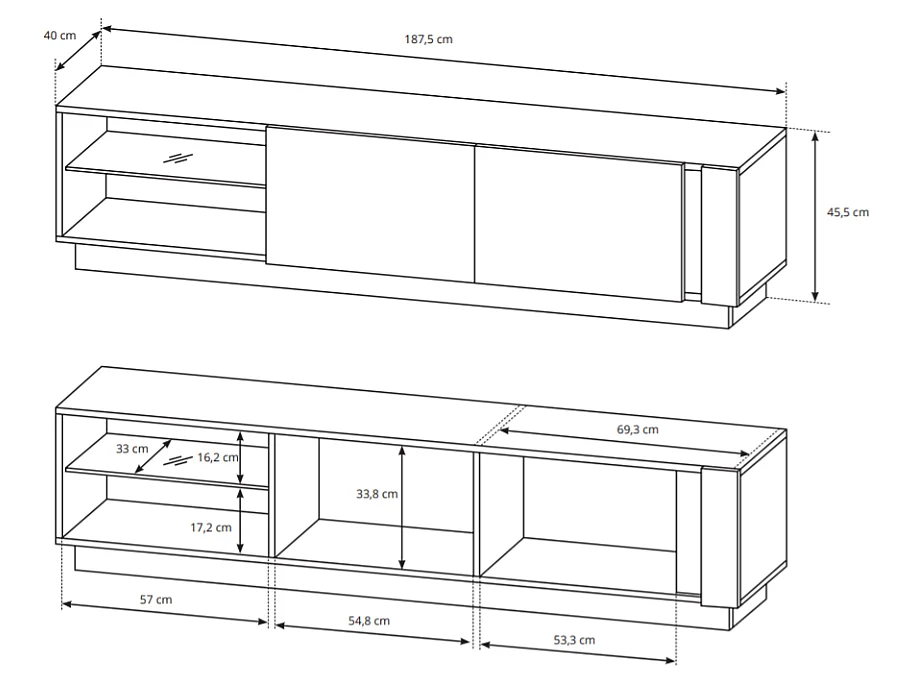 Meuble TV MURARI - 2 portes et 2 niches - Avec LEDs - Blanc brillant et chêne