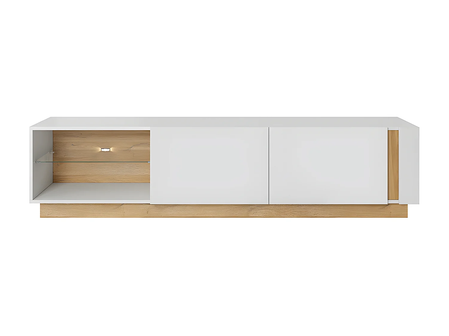 Meuble TV MURARI - 2 portes et 2 niches - Avec LEDs - Blanc brillant et chêne