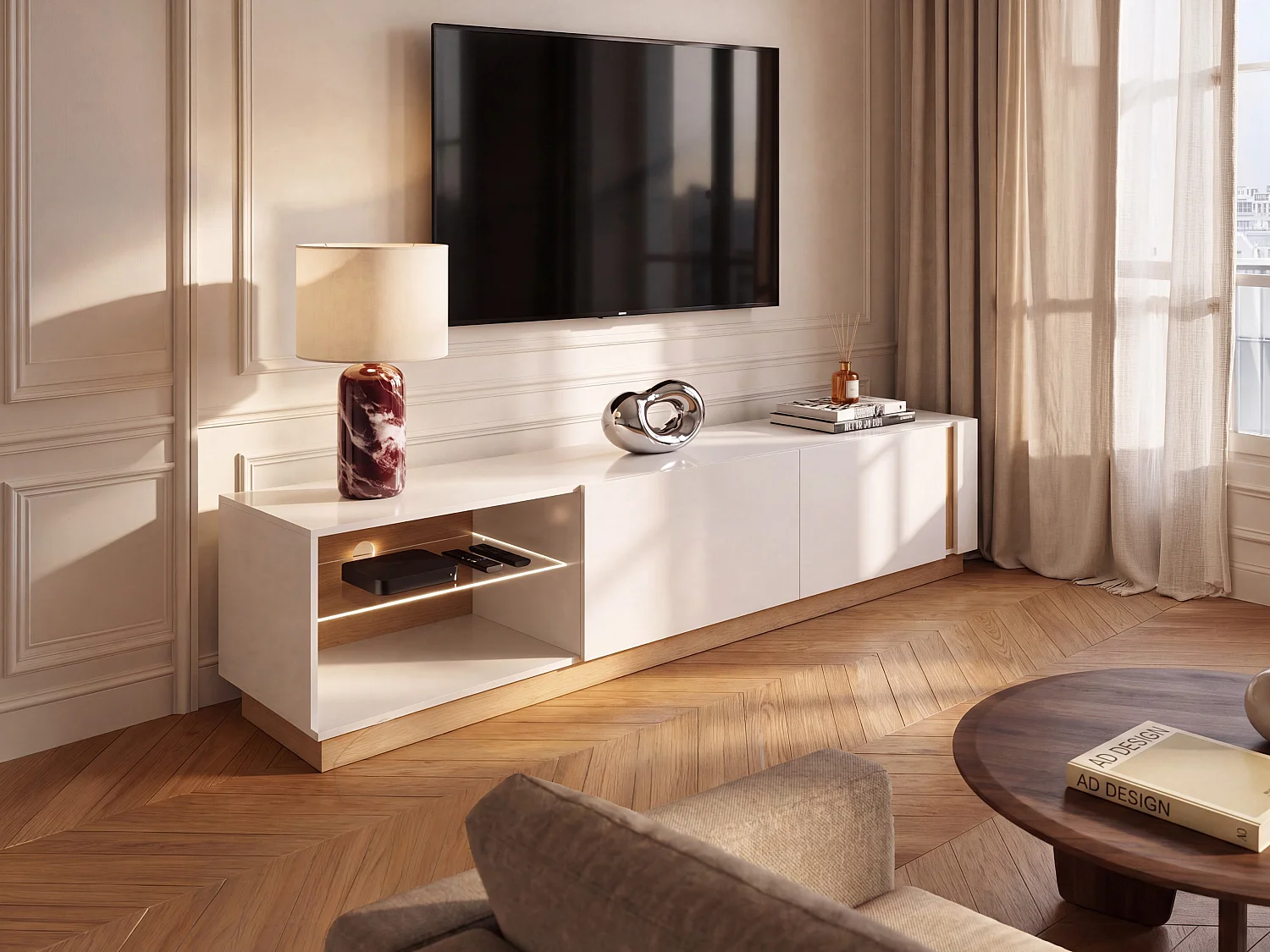Mueble TV MURARI - 2 puertas y 2 estantes - Con LEDs - Blanco brillante y roble