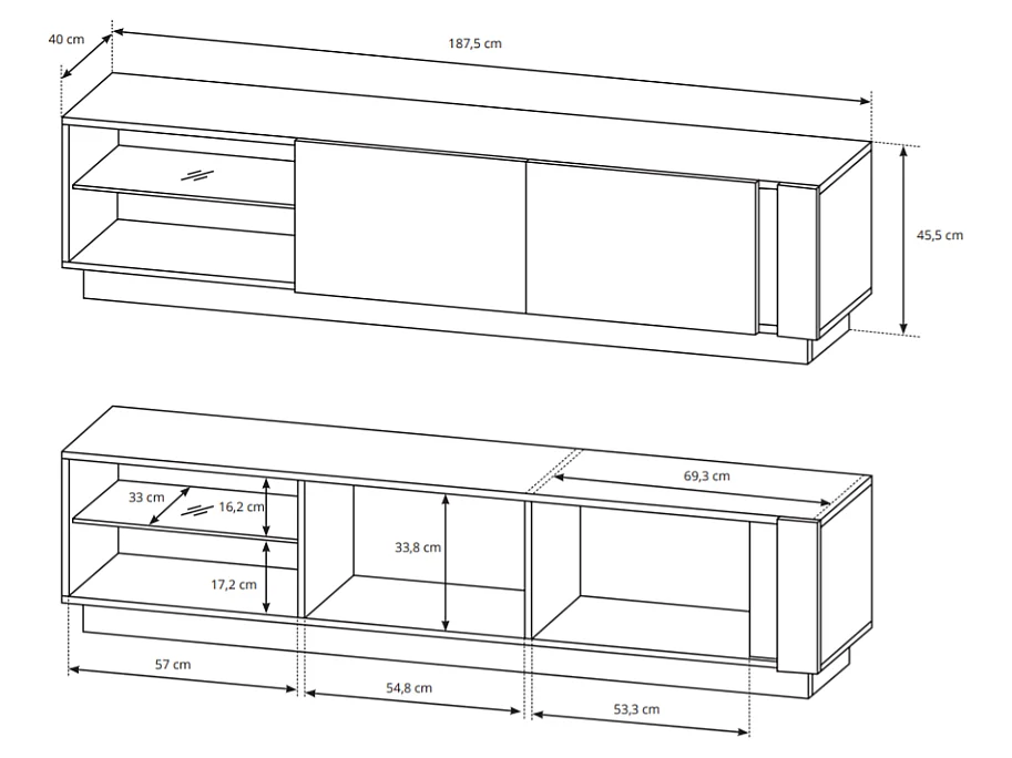 Meuble TV MURARI - 2 portes et 2 niches - Avec LEDs - Blanc brillant et chêne