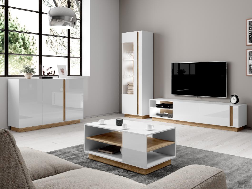 Meuble TV MURARI - 2 portes et 2 niches - Avec LEDs - Blanc brillant et chêne