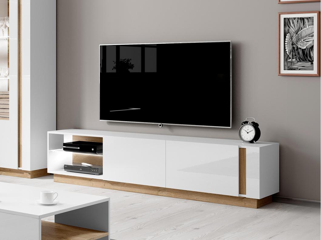 TV-meubel MURARI - 2 deuren en 2 nissen - met ledverlichting - Hoogglans wit en eiken