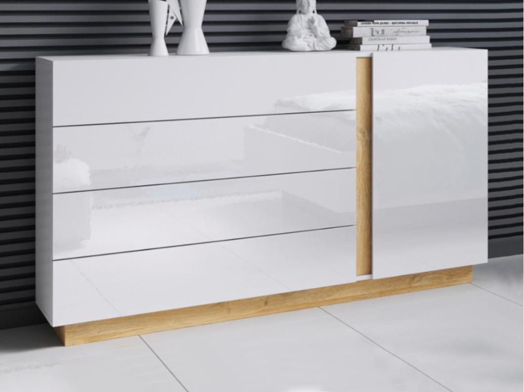 Commode MURARI - 4 tiroirs et 1 porte  - Blanc brillant et chêne