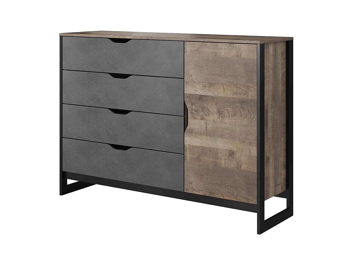 Commode LAONILE - 1 porte et 4 tiroirs - Noyer et anthracite