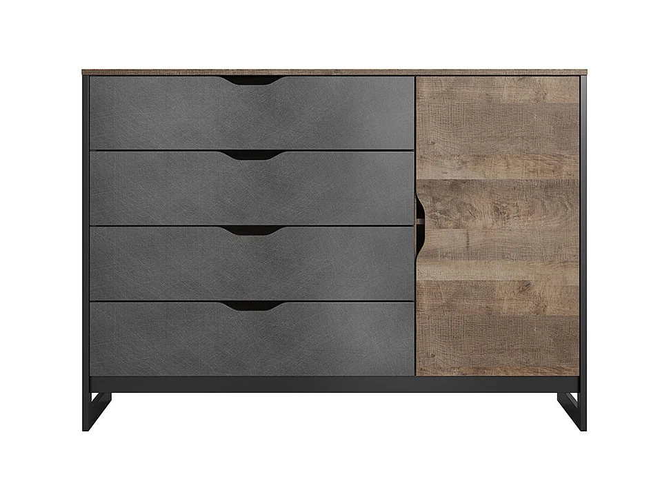 Commode LAONILE - 1 porte et 4 tiroirs - Noyer et anthracite