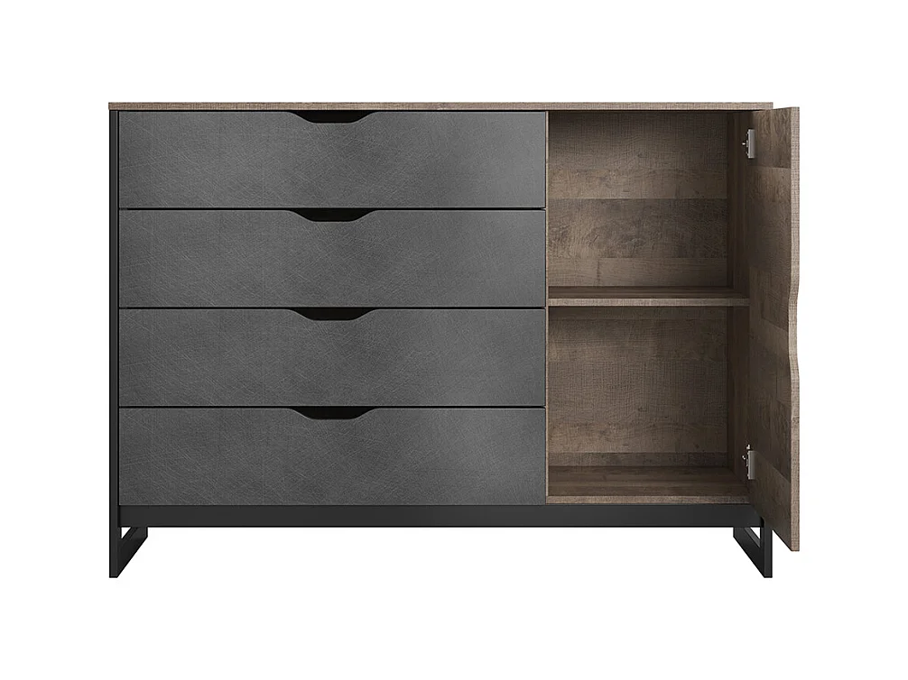 Commode LAONILE - 1 porte et 4 tiroirs - Noyer et anthracite