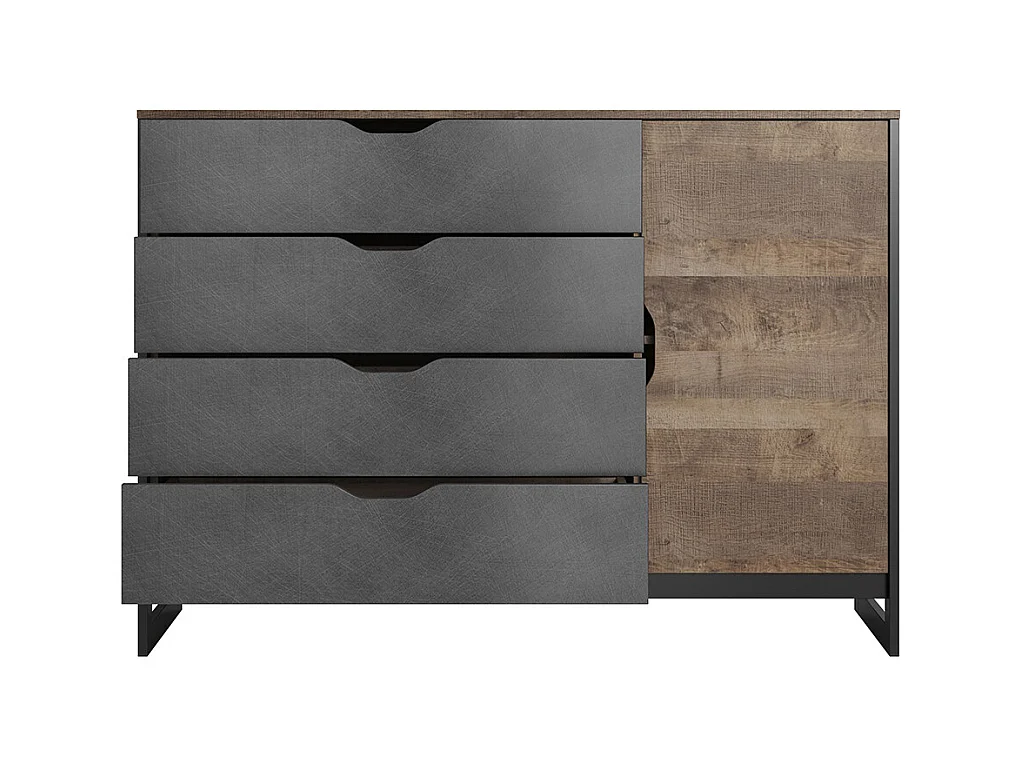 Commode LAONILE - 1 porte et 4 tiroirs - Noyer et anthracite