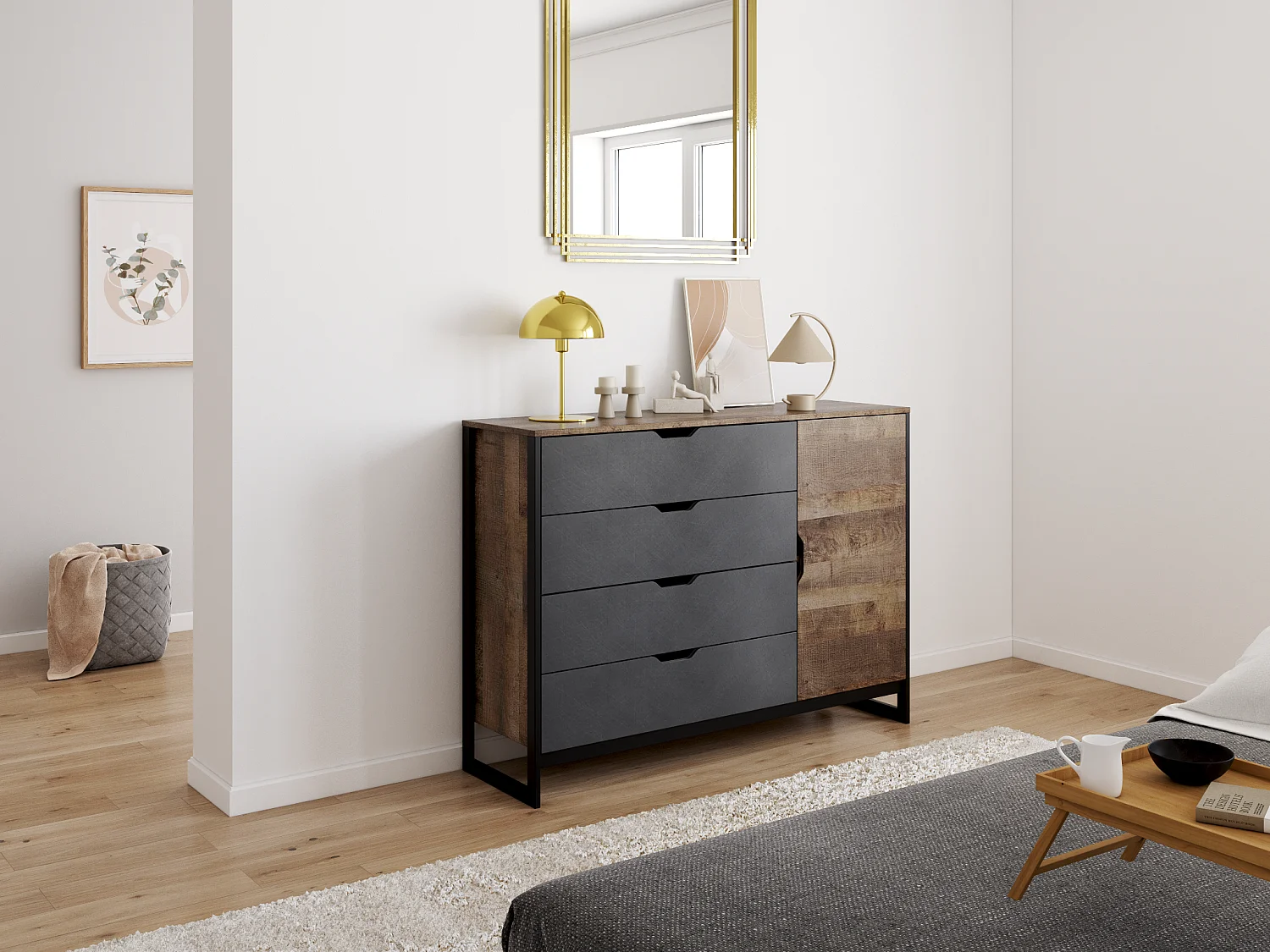 Commode LAONILE - 1 porte et 4 tiroirs - Noyer et anthracite