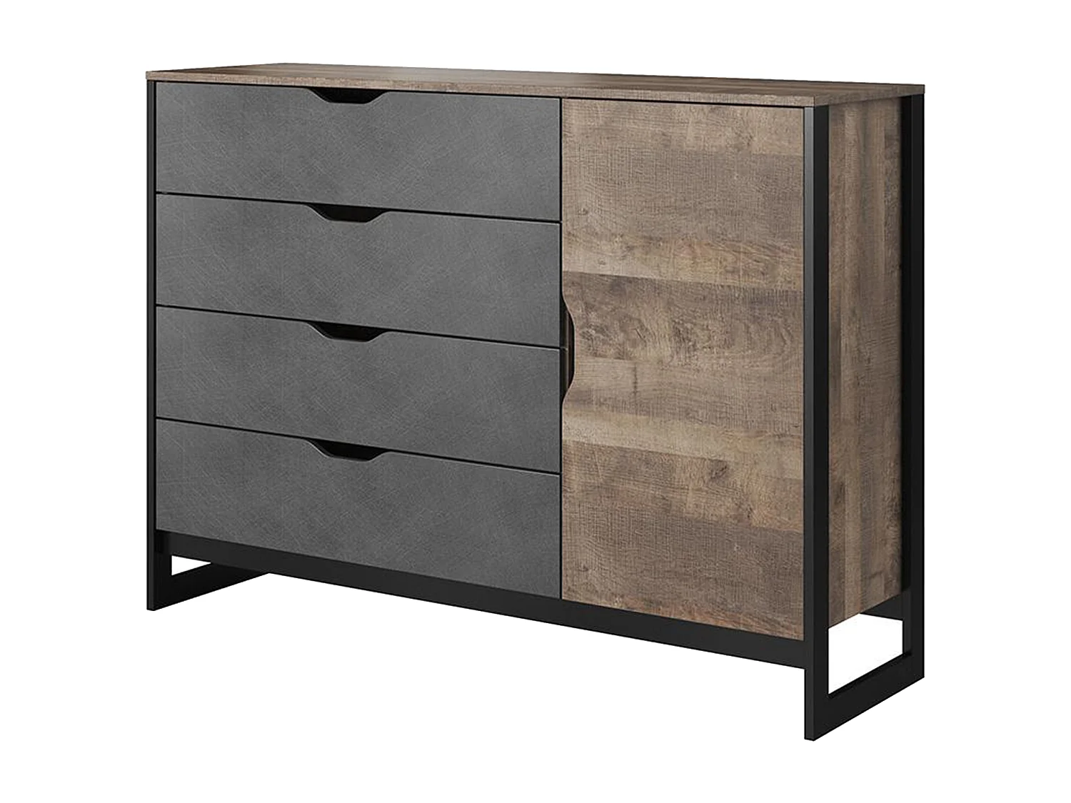 Commode LAONILE - 1 porte et 4 tiroirs - Noyer et anthracite