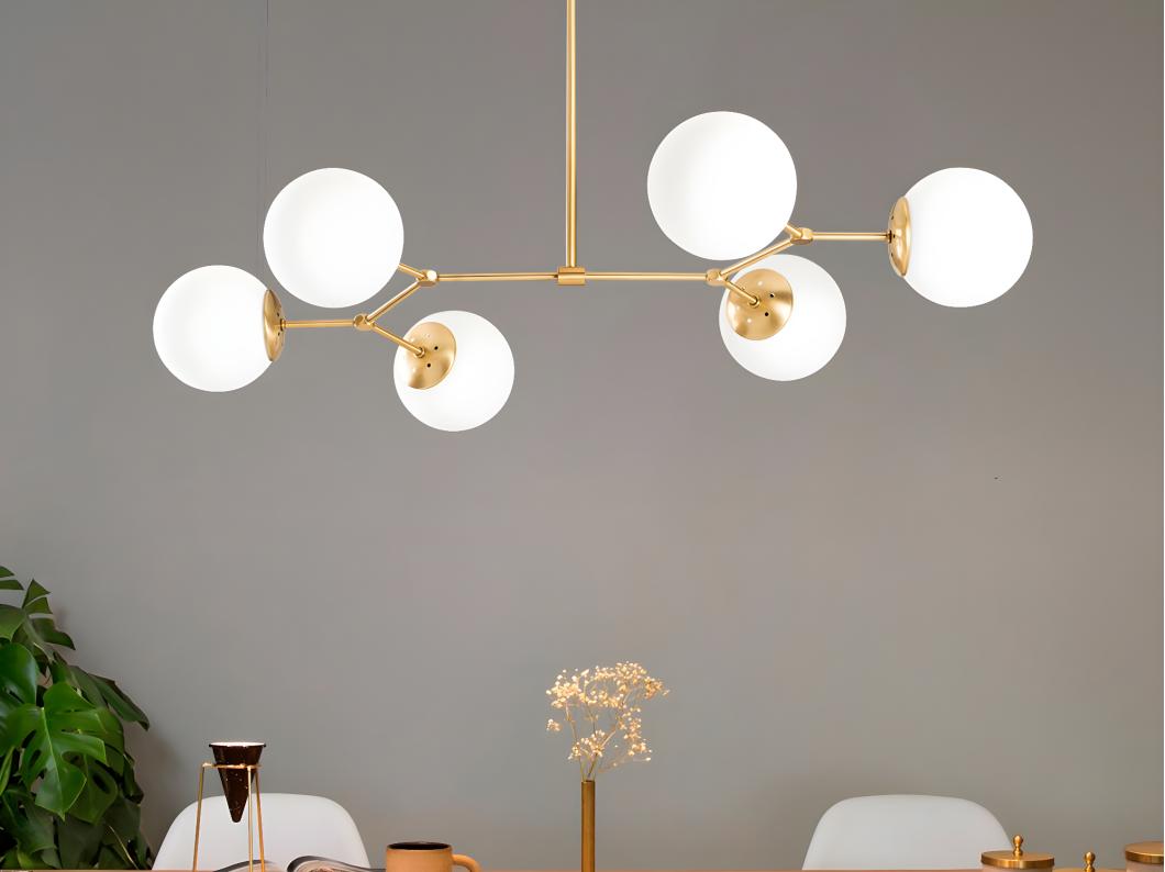 Lustre en métal - 6 globes - L. 100 x H. 52 cm - Doré et blanc - DAMAR