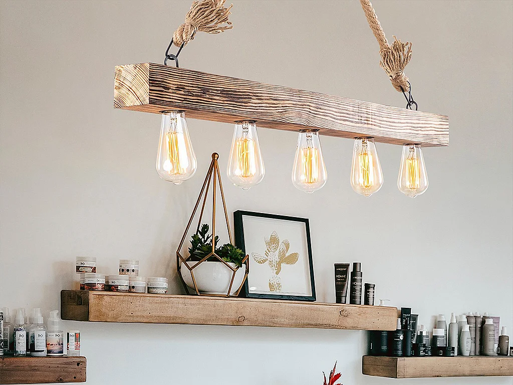 Lustre en bois - 5 lampes - L. 100 x H. 53 cm - Coloris naturel - EREBOS