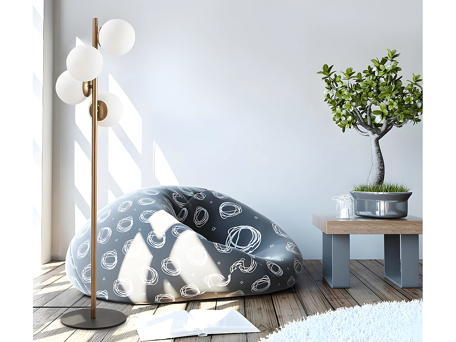 Lampadaire en métal et verre 4 globes - H. 130 cm - Doré et blanc - FAZE