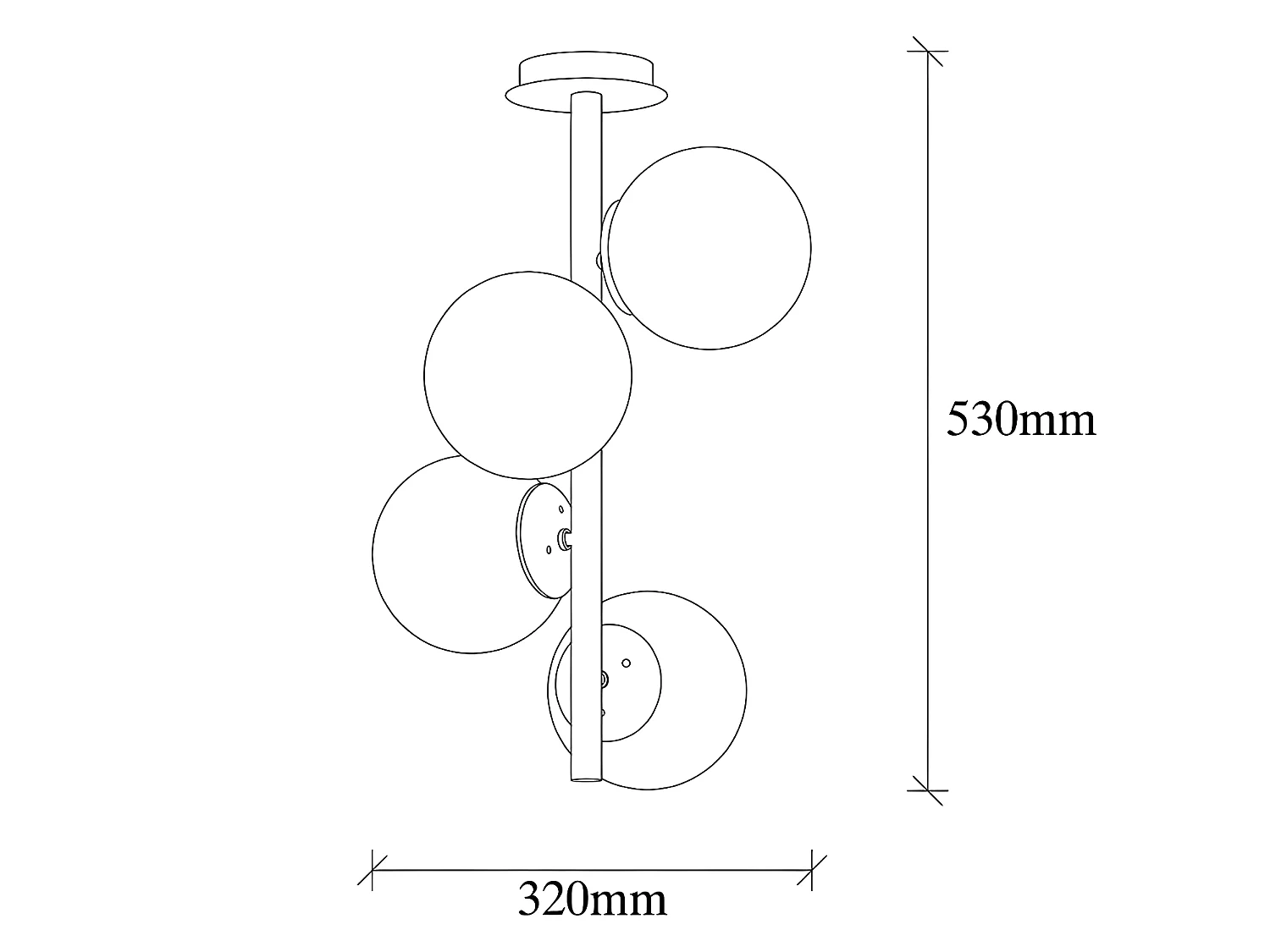 Candeeiro de teto em metal e vidro com 4 globos de D. 32 cm x A. 53 cm cor dourado e branco - FAZE