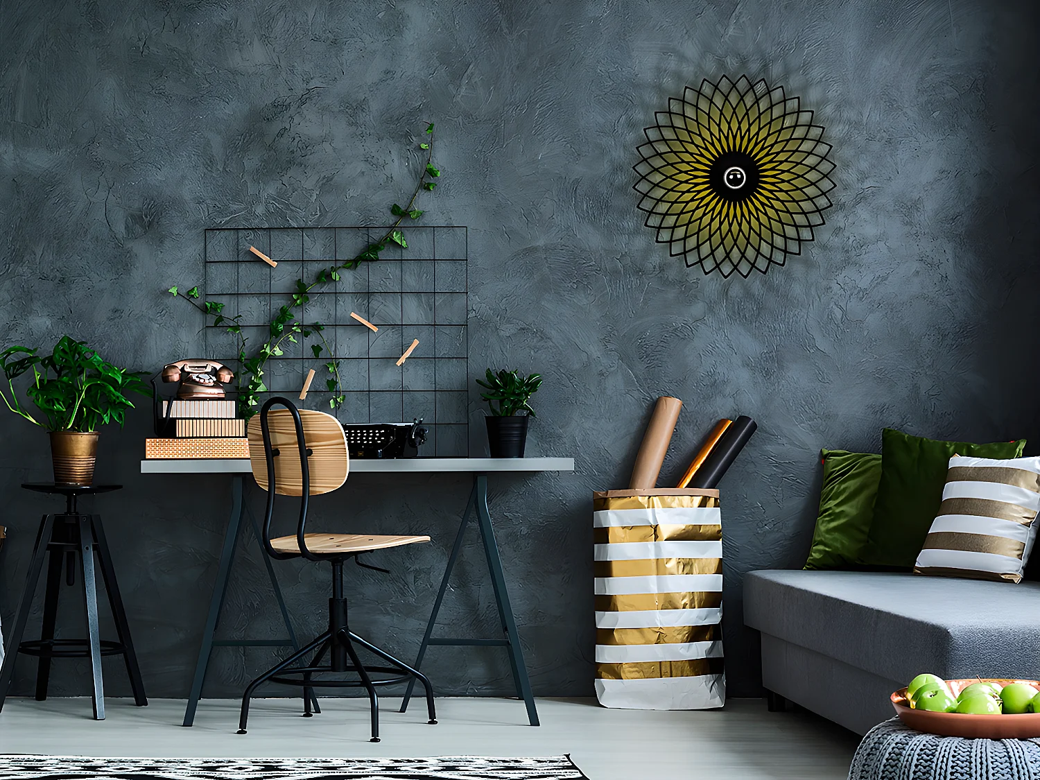 Aplique de parede em metal de D. 50 cm cor preto - FOLINA