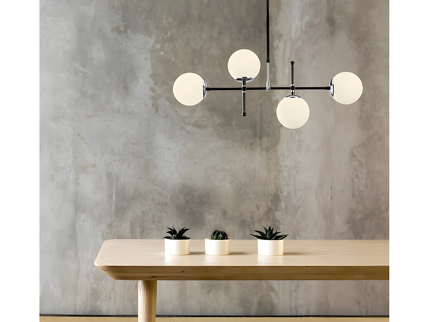 Lustre en métal à hauteur réglable - 4 globes - L. 108 x H. 67/82 cm - Noir et blanc - LEGEND