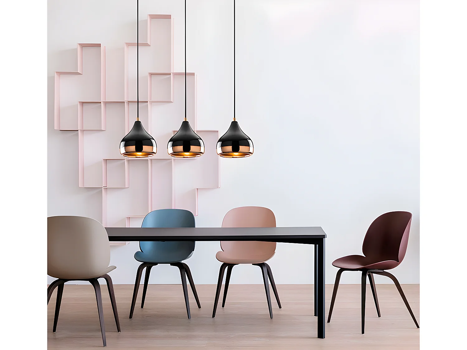 Hanglamp met verstelbare hoogte YILDO - 3 kappen - L67 x H25/111 cm - Zwart en koperkleurig