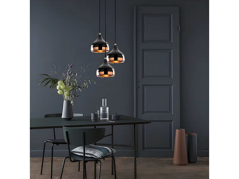 Lustre en métal à hauteur réglable - 3 abat-jours -  D. 37 x H. 25/111 cm - Noir et cuivré - YILDO