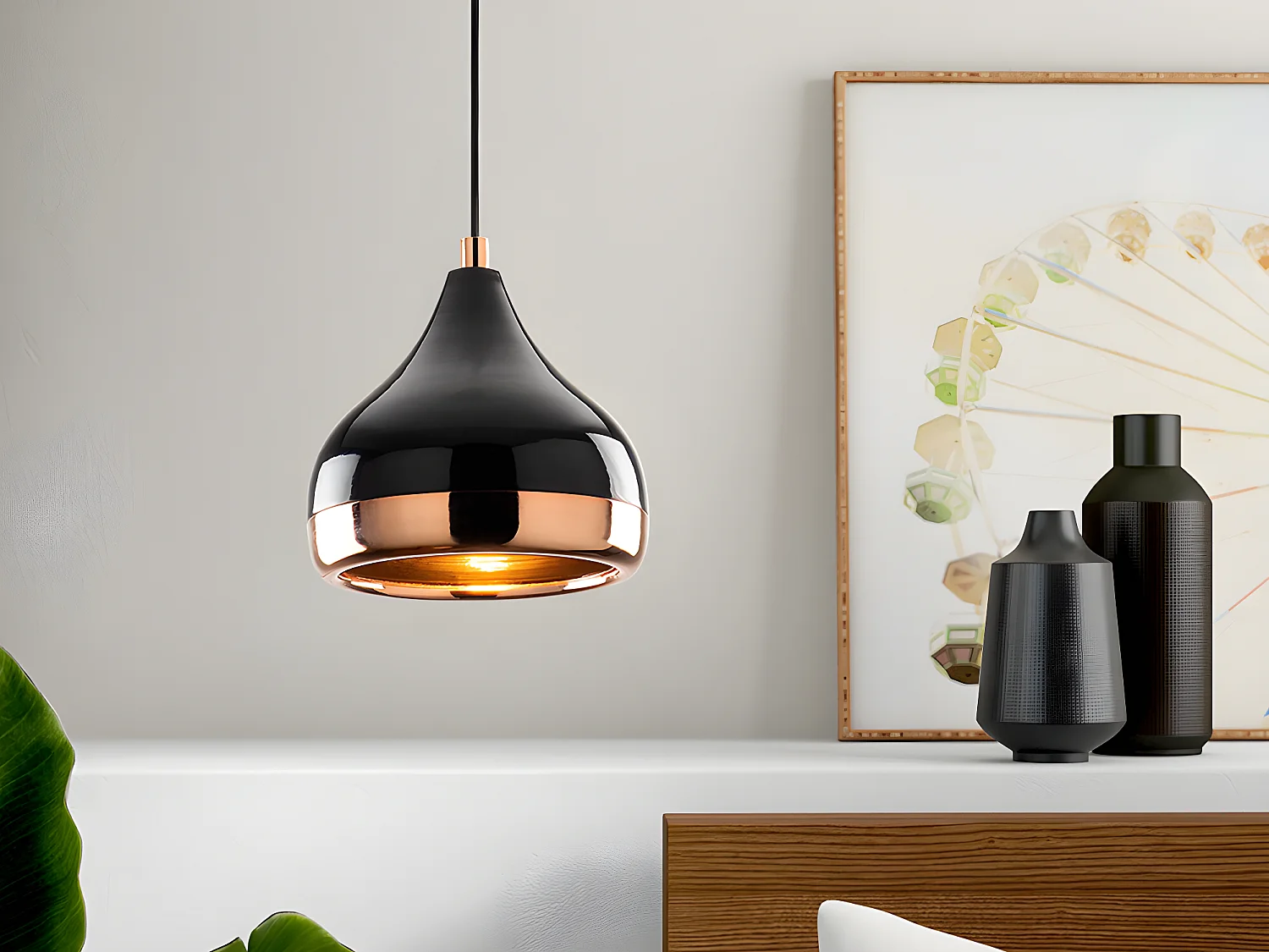 Suspension en métal à hauteur réglable - D. 17 x H. 25/112 cm - Noir et cuivré - YILDO