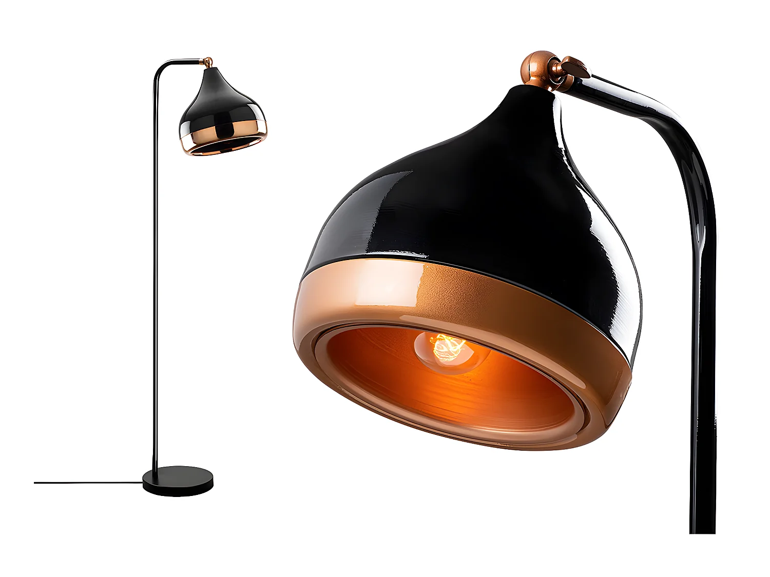 Staande lamp van metaal met verstelbare kap YILDO - H. 120 cm - Zwart en koperkleurig