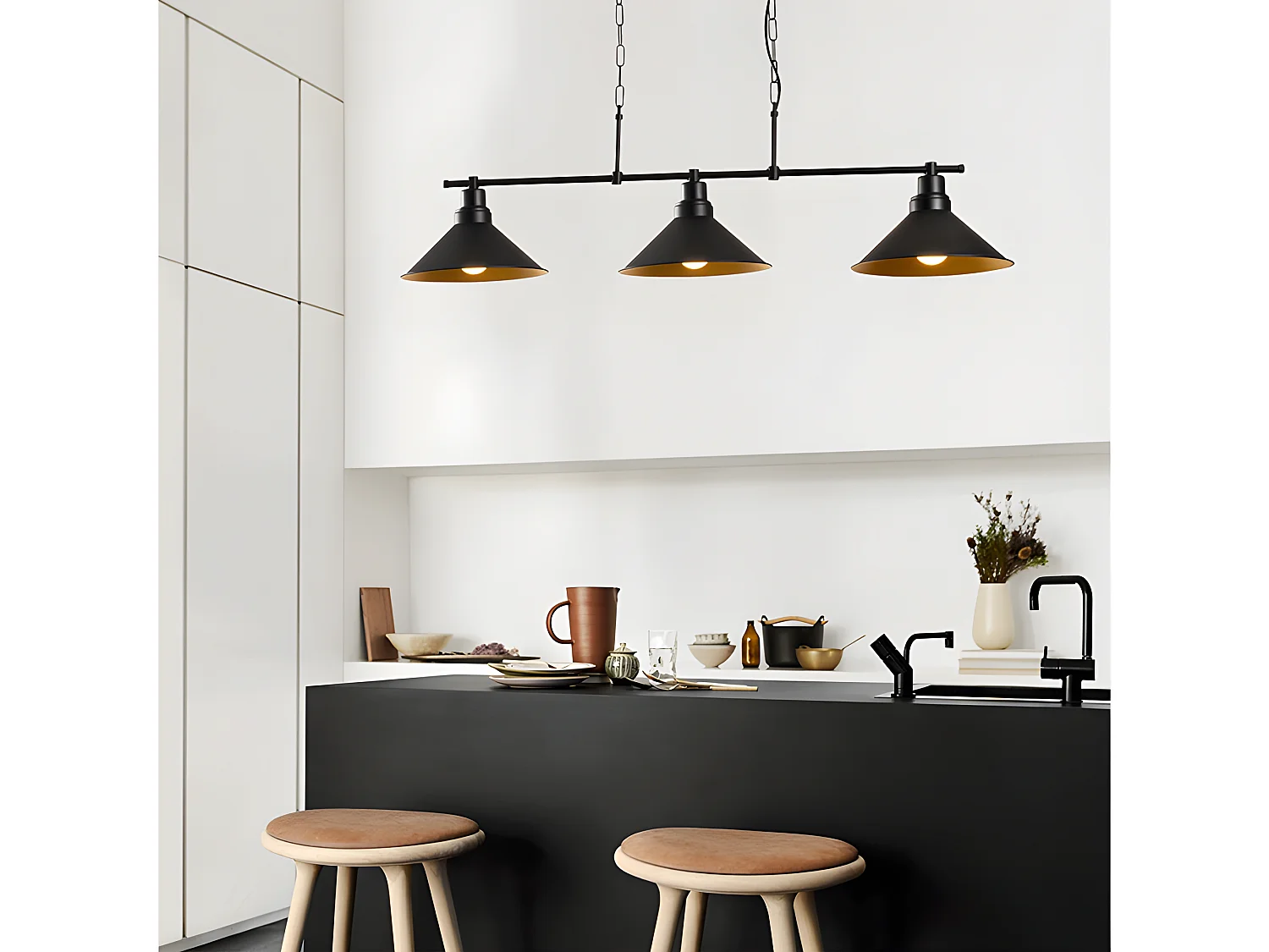 Industriële metalen hanglamp SIVANI - 3 kappen - B108 x H55 cm - Zwart