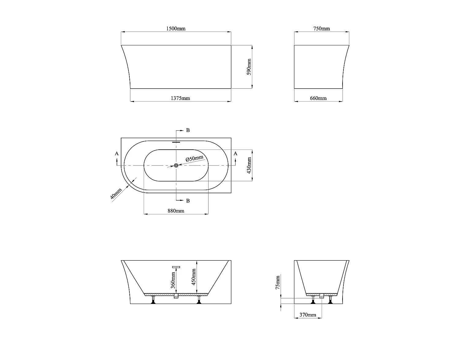 Eckbadewanne - 201 L - 150 x 75 x 59 cm - Acryl - Weiß - Ecke rechts - PONTICOLA