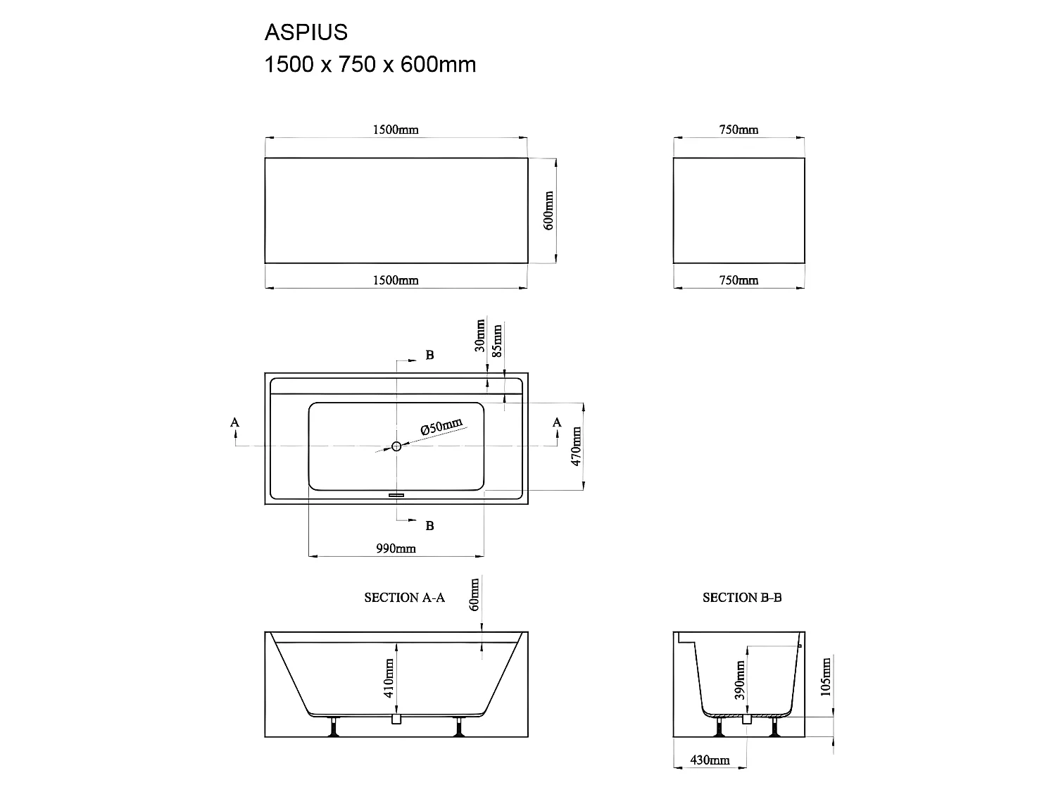 Bañera exenta rectangular - 232 L - 150 x 75 x 60 cm - Blanco - Acrílico - ASPIUS