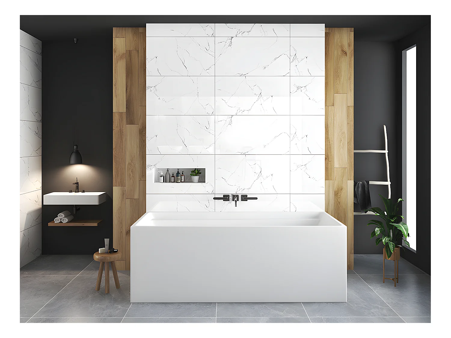 Badewanne halb freistehend rechteckig - Acryl - 280 L - 170 x 75 x 60 cm - Weiß - ASPIUS