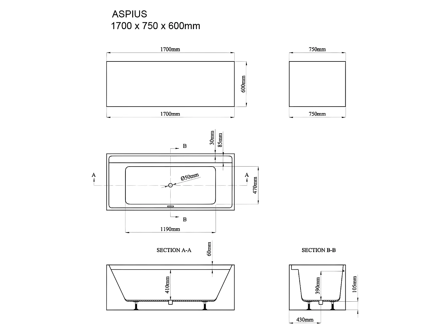 Banheira clássica retangular de 280 L dimensões 170 x 75 x 60 cm cor branco em acrílico - ASPIUS