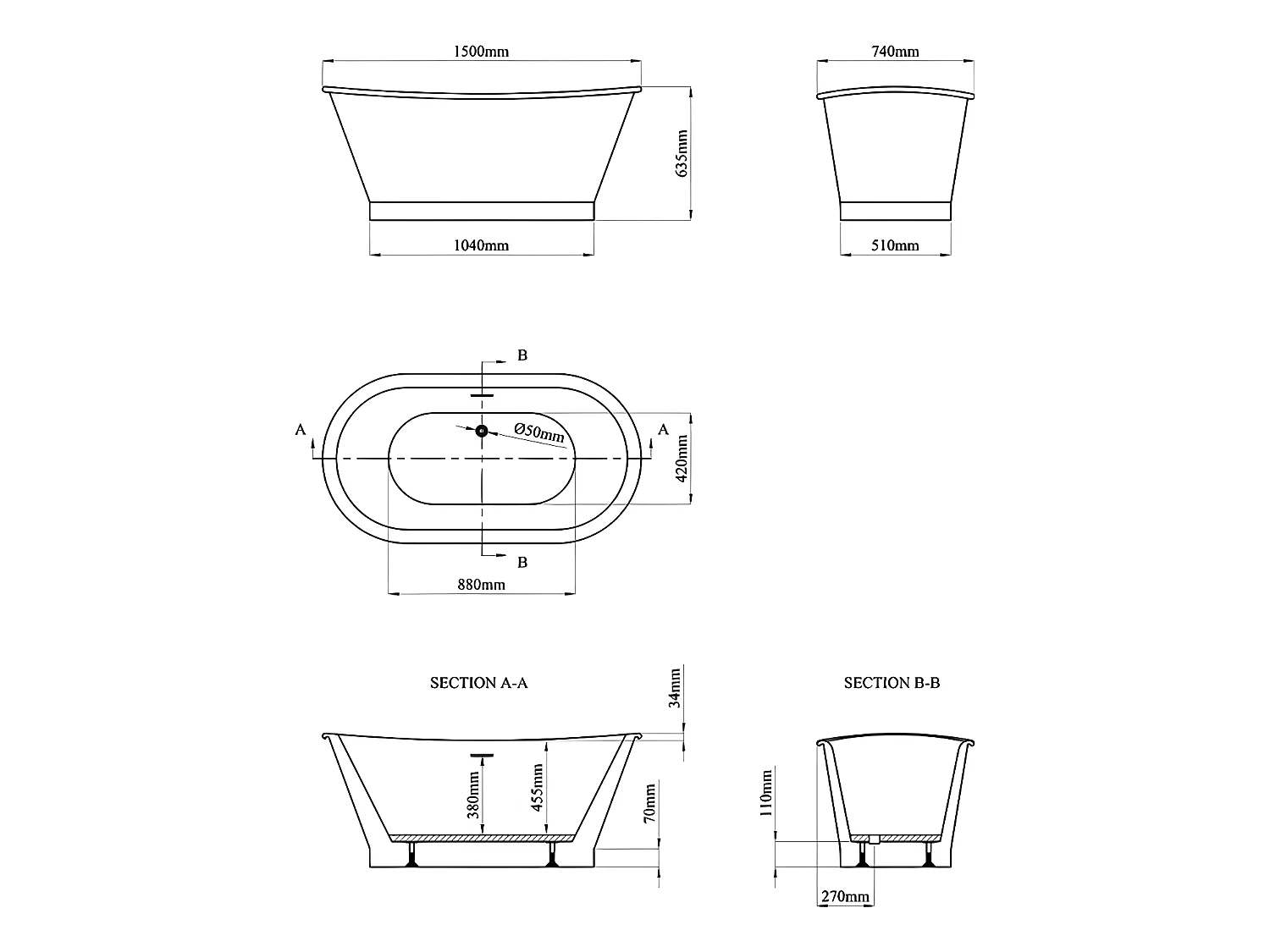 Baignoire îlot ovale - style retro - 180 L - 150 x 74 x 63 cm - Blanche - Acrylique - PELMATO
