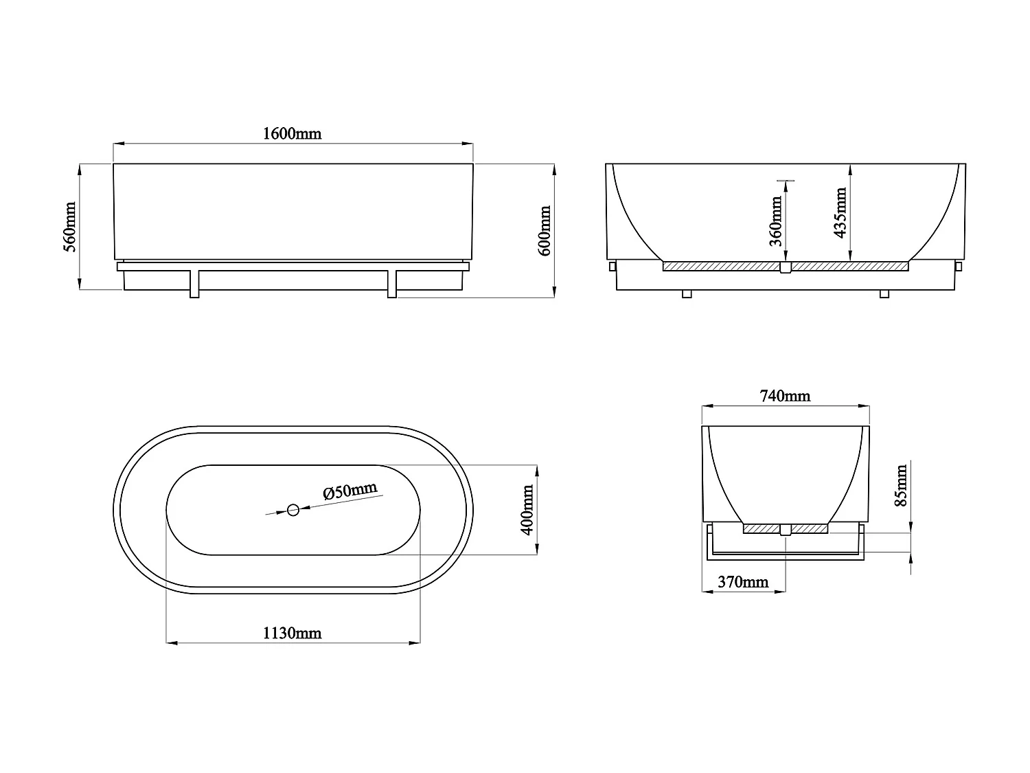 Baignoire îlot ovale avec décor métal - 230 L - 160 x 74 x 60  cm - Blanche - Acrylique - PLECO