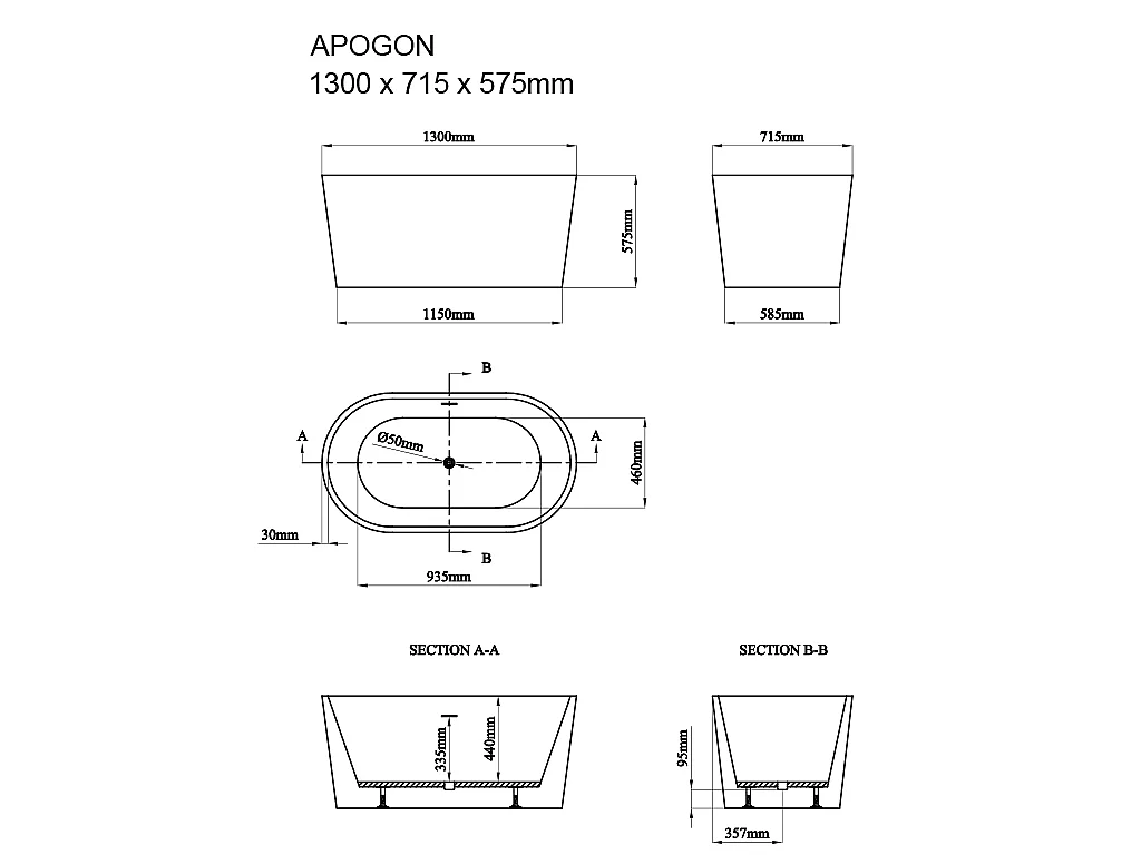 Feistehende Badewanne oval - Acryl - 180 L - 130 x 71 x 58 cm - Weiß - APOGON