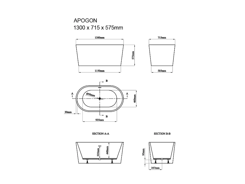 Ovalen losstaand bad - 180 L - 130 x 71 x 58 cm - Wit - Acryl - APOGON