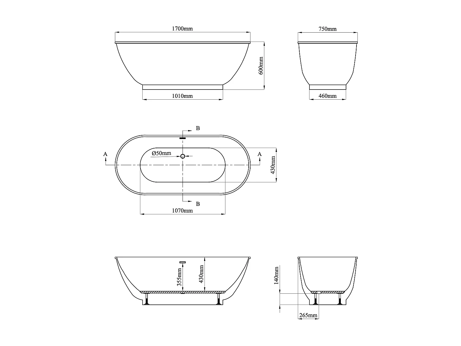 Bañera exenta ovalada - 240 L - 170 x 75 x 60 cm - Blanco - Acrílico - MOBULA