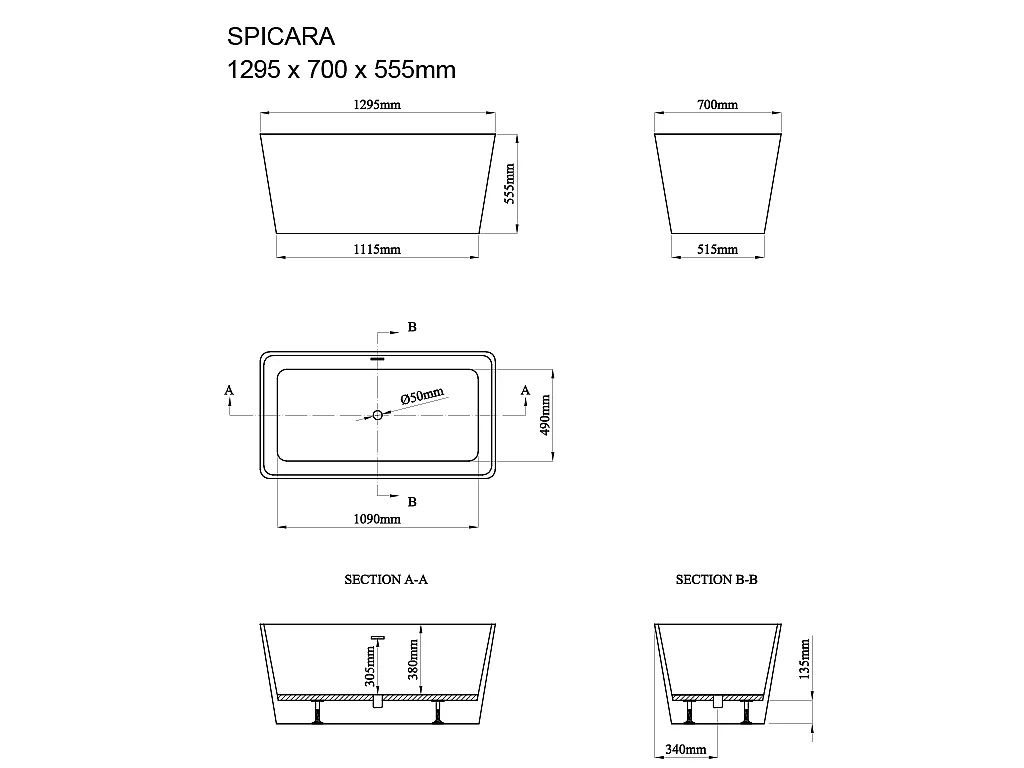 Rechthoekig eilandbad - 197 L - 130 x 70 x 55 cm - Wit - Acryl - SPICARA