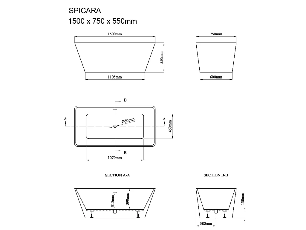 Wanna wolnostojąca prostokątna – 208 l – 150 × 70 × 55 cm (dł. × szer. × wys.) – kolor biały – akrylowa - SPICARA