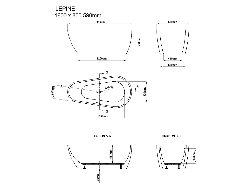 Bañera exenta asimétrica - 240 L - 160 x 80 x 59 cm - Blanco - Acrílico - LEPINE