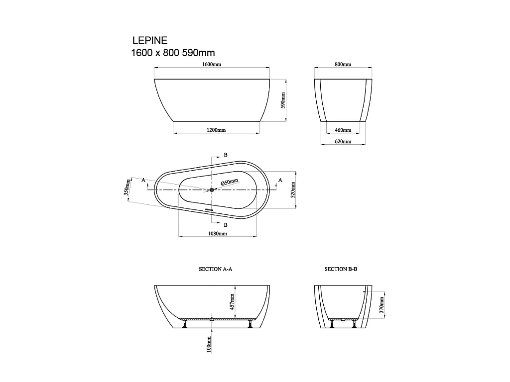 Asymmetrisch losstaand bad - 240 L - 160 x 80 x 59 cm - Wit - Acryl - LEPINE