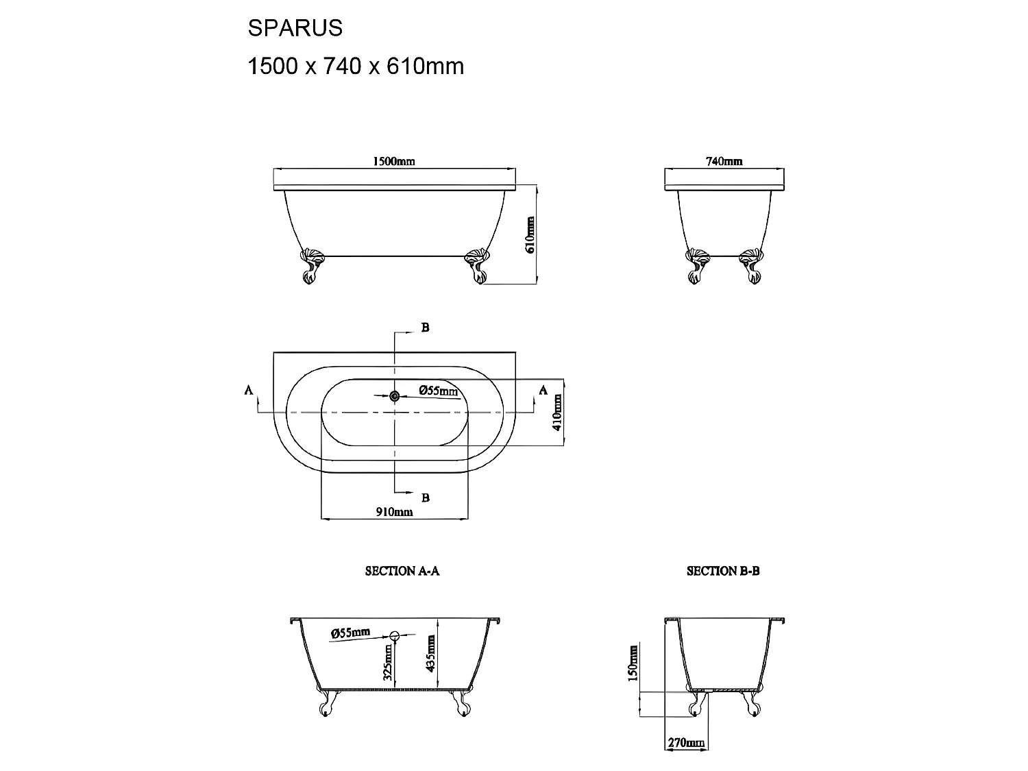 Badewanne halb freistehend mit Füßen - Acryl - 154 L - 150 x 74 x 61 cm - Weiß - SPARUS